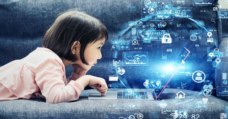 Little girl on a laptop using ai