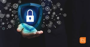 Man's hand presenting a subliminal security shield with padlock
