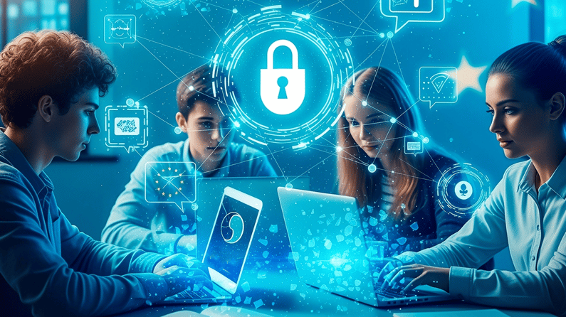 Elever som jobber på bærbare datamaskiner omgitt av digitale låsikoner, som symboliserer sikker databehandling og samsvar med GDPR på skolene.