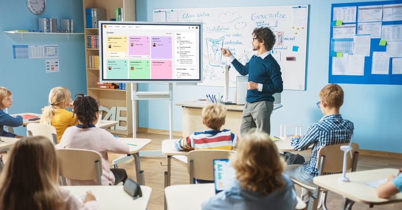 Docent en leerlingen in een klaslokaal die bezig zijn met itslearning