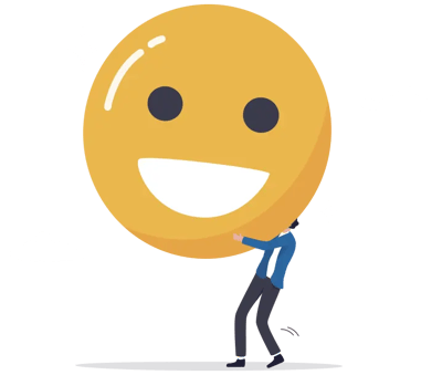 Konseptillustrasjon av en person som holder en stor smilefjes-emoji Konseptillustrasjon av en person som holder en stor smilefjes-emoji