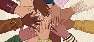 Illustration of diverse hands on top of each other
