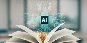 Offenes Buch mit einem KI , der aus dem Buch herauskommt