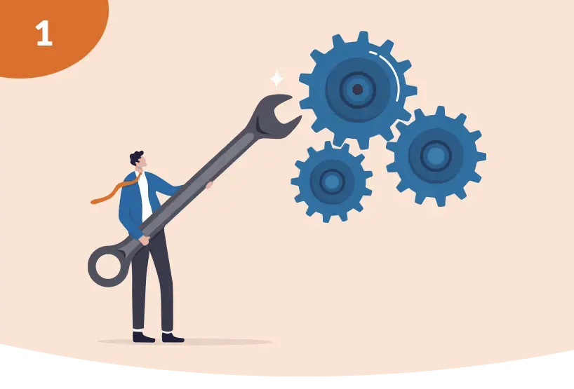 A concept representing Technical management. A man holding a wrench attempting to turn three cogs linking together.