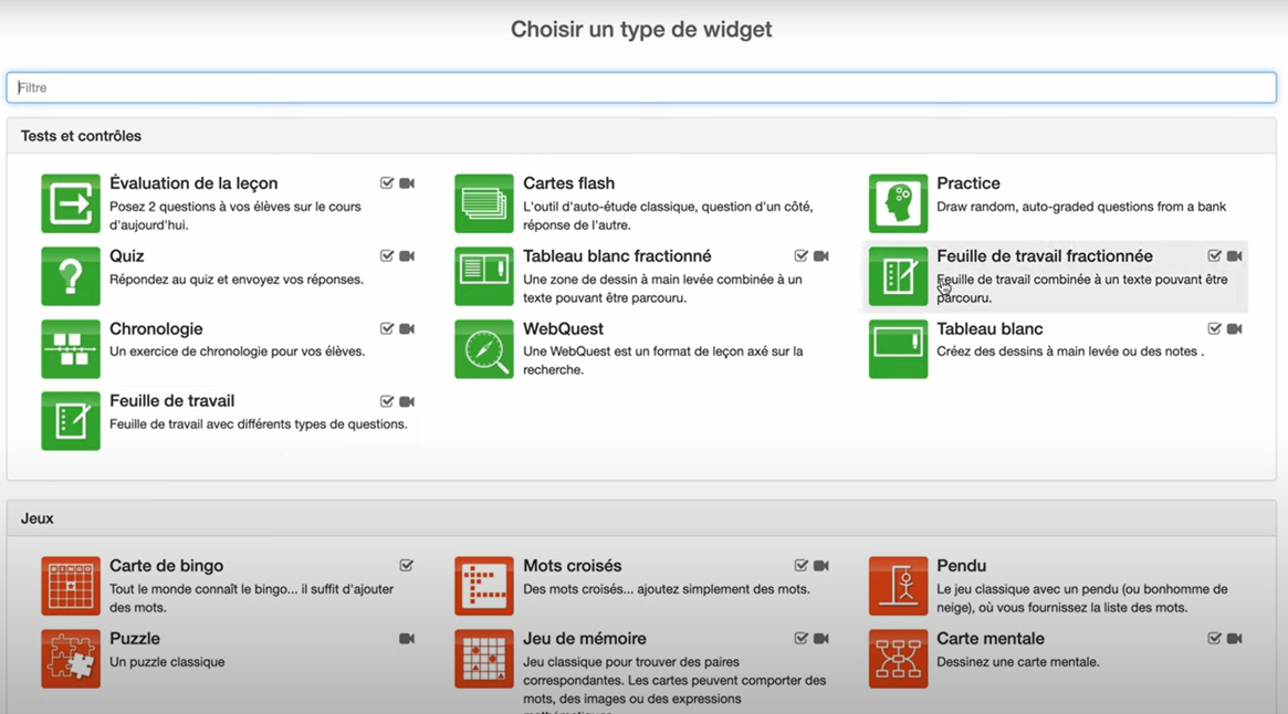 BookWidgets interface demonstrating the library of texts, exercises and games.