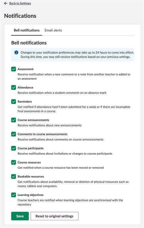 Notification categories settings